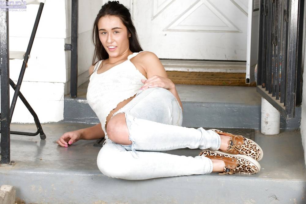 Hot american dark hair teen Anastasia Black in tight jeans reveals her butt and masturbates - #5