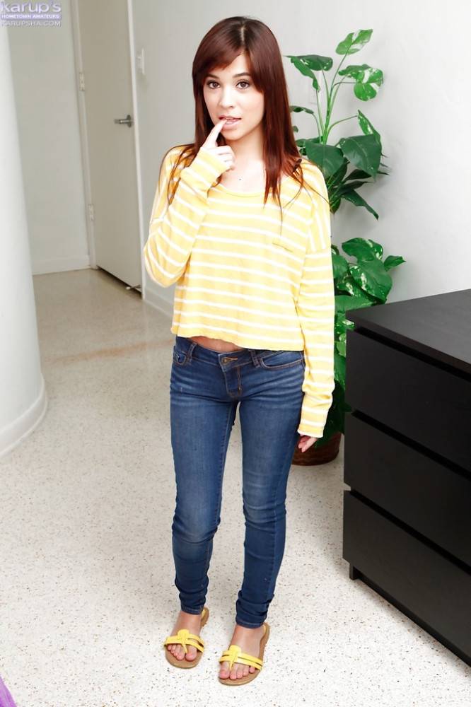 Rangy american young Kelly Kitty in jeans exhibiting small tits and jerking off - #1