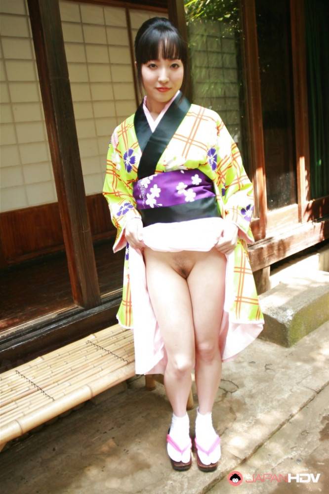 Japanese girls in yellow kimono shown her hairy twat - #6