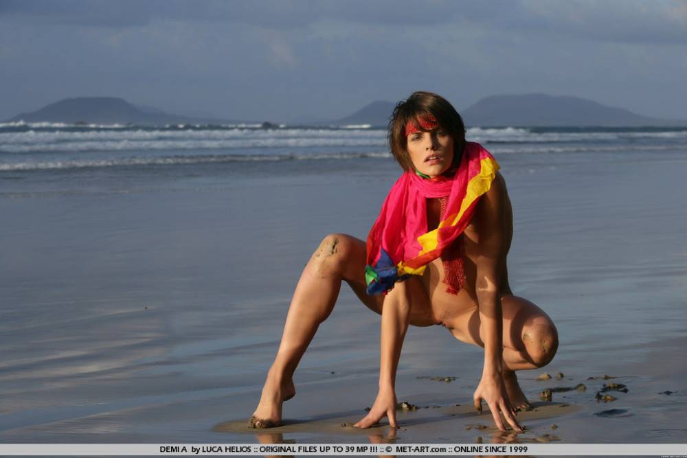 Skinny Dark Haired Teen Model Demi A With Very Tight Pussy Poses On The Beach - #2