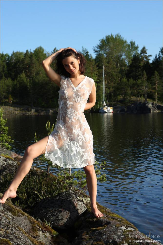 Lara Short Is Sitting On Rocky Coast In Transparent White Dress And Spreading Legs And Hotly Posing Nude - #2