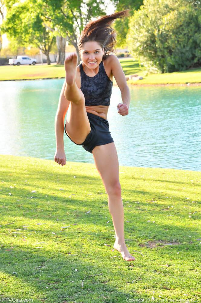 Teenage hottie in sexy outfit Zoe doing exercise outdoors by the water - #15