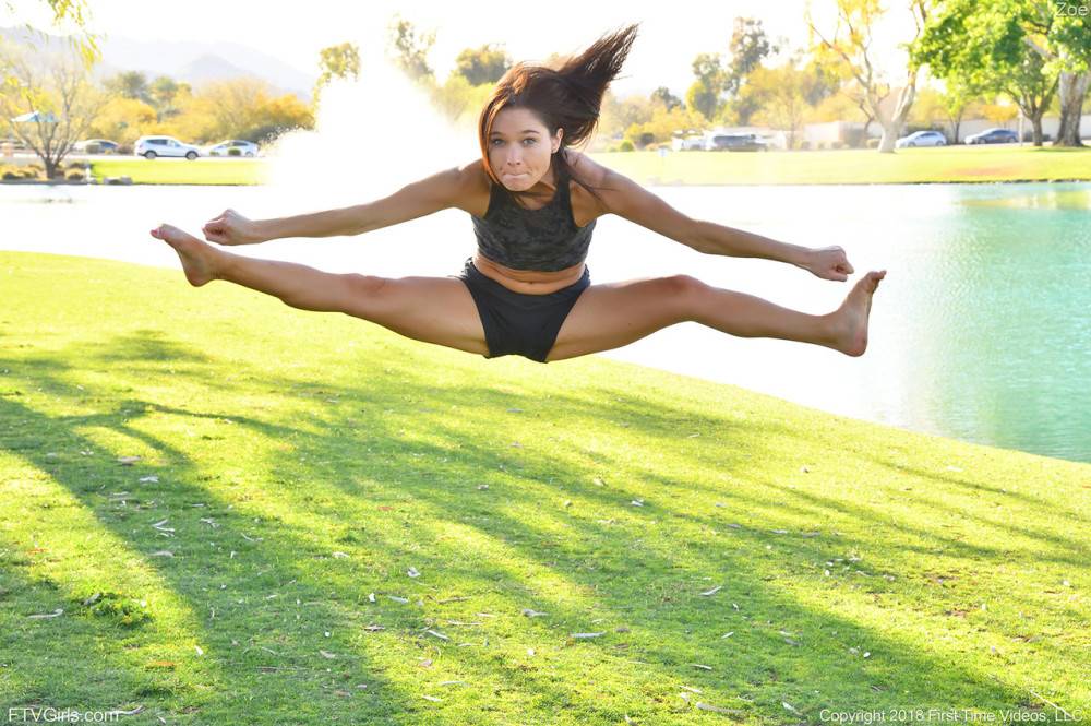 Teenage hottie in sexy outfit Zoe doing exercise outdoors by the water - #9