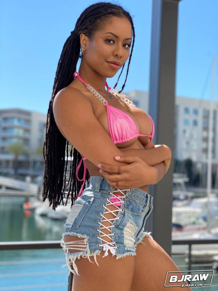 Ebony teen Kira Noir models a bikini before a ball sucking and ass eating BJ - #3