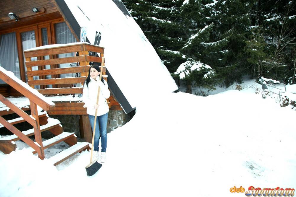 Barely legal brunette teen strips down to socks before masturbating in cabin - #2