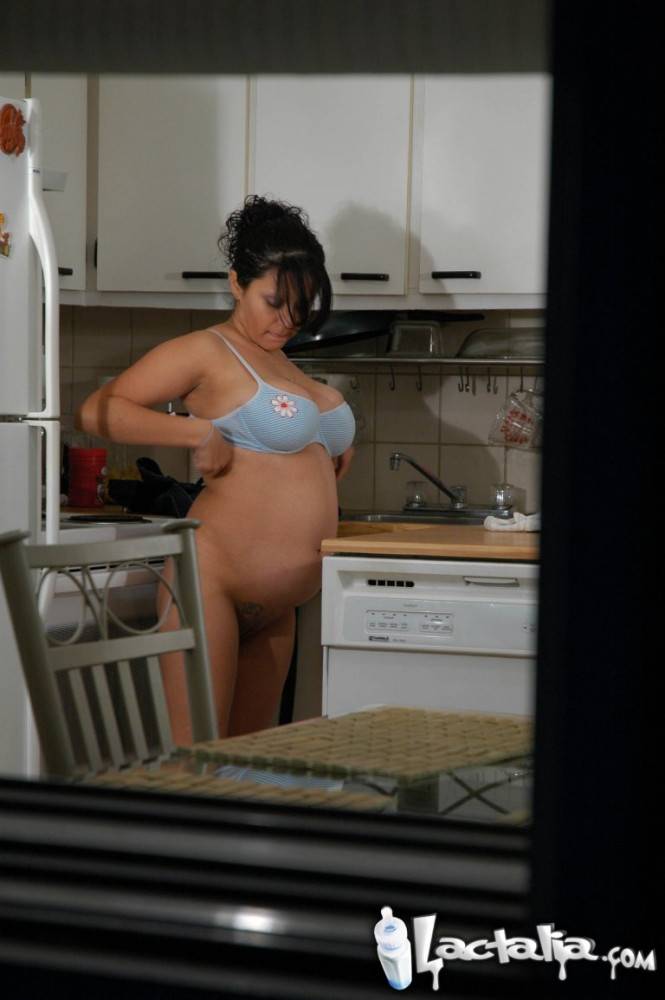 Pregnant Latina female plays with her big tits and pussy in the kitchen - #9