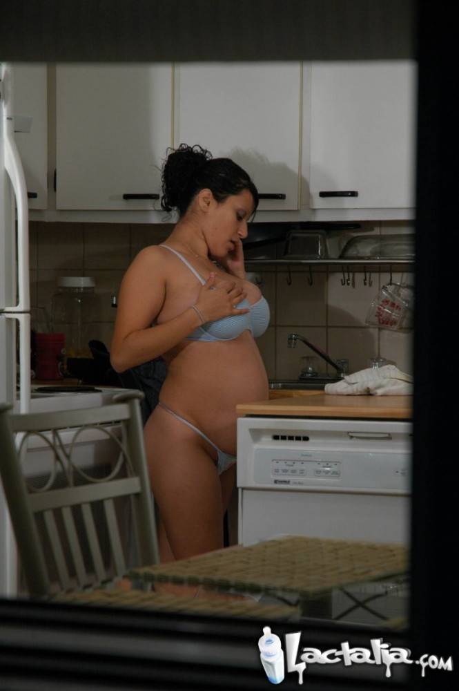 Pregnant Latina female plays with her big tits and pussy in the kitchen - #3