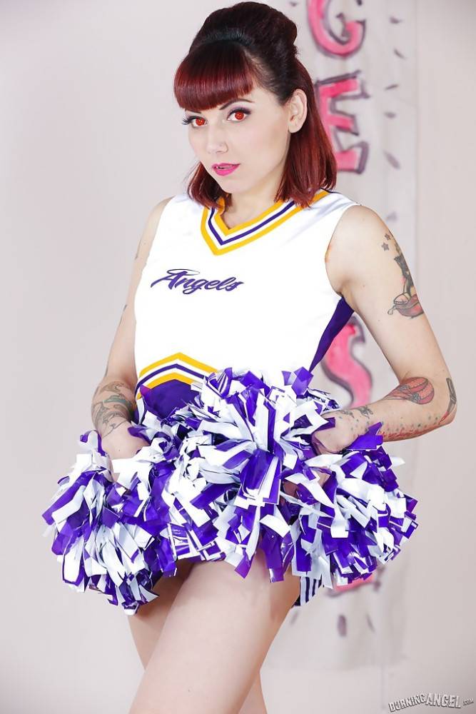 Tattooed schoolgirl cheerleader undresses for bald cunt spreading - #3