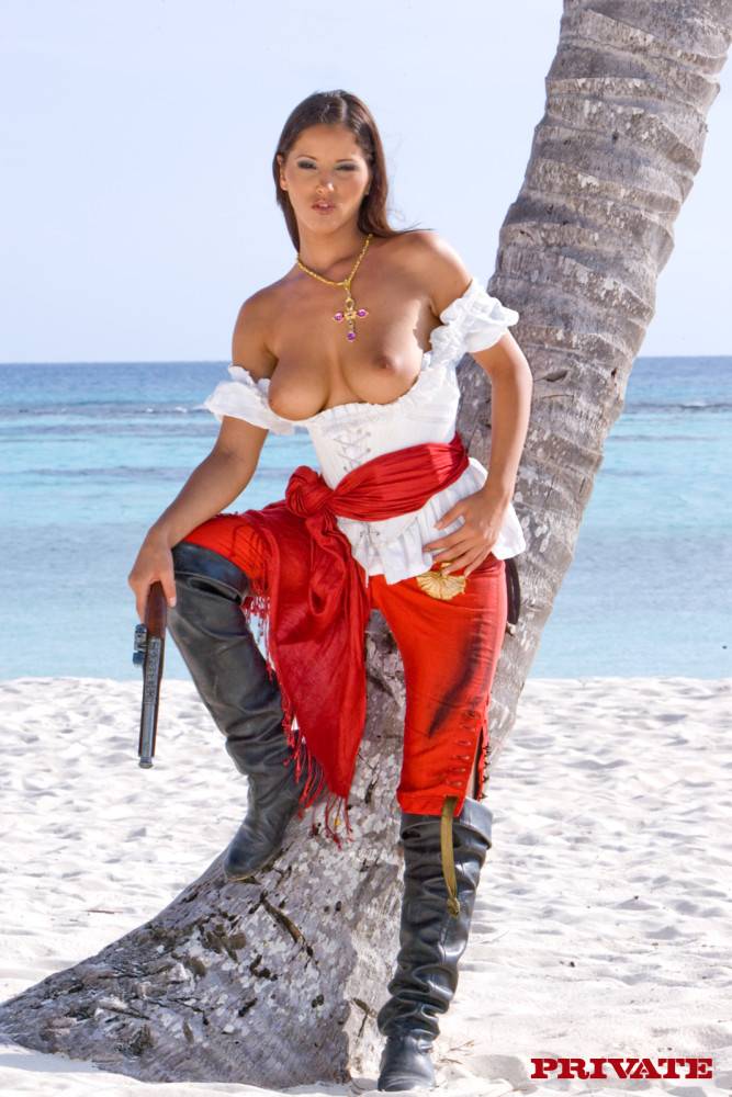 Perfect Bodied Busty Pirate Babe Angel Dark Strips And Poses Naked On Exotic White Sand Beach - #5