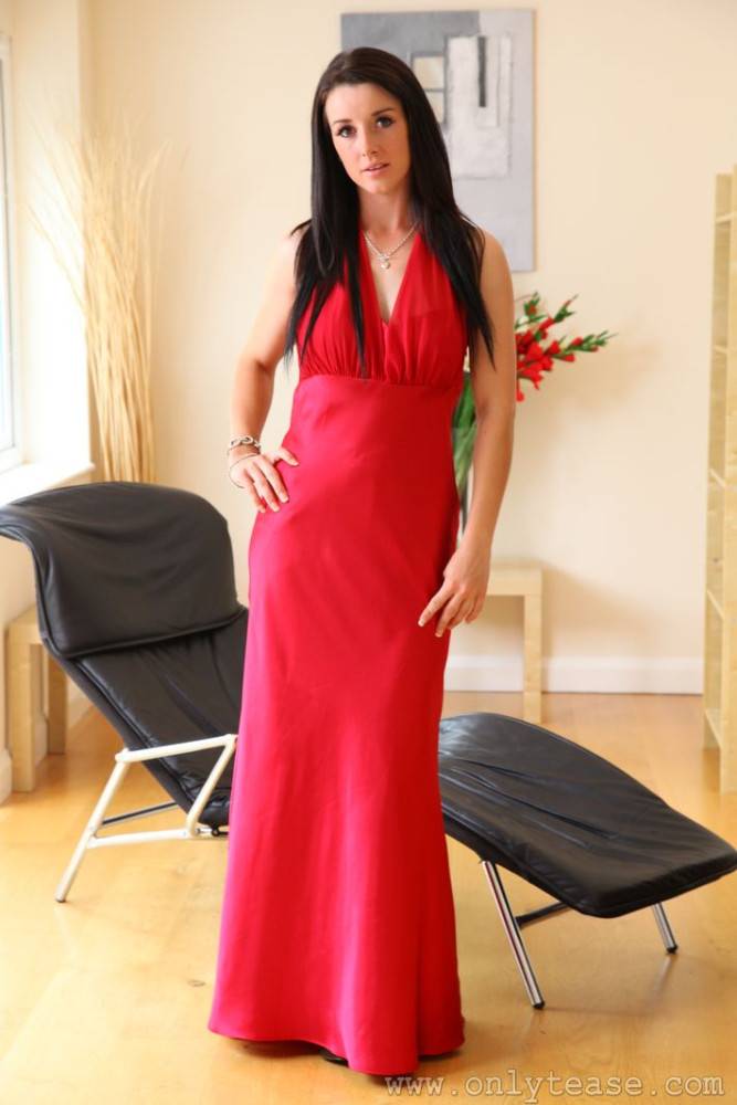 Elegant Sarah B In Black Stockings Pulls Off Her Long Red Dress And Displays Her Boobs - #1