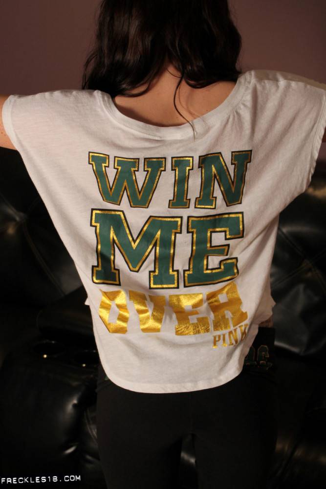 Freckles Takes Off Her Green Bay T-shirt And Covers Up Her Natural Titties With Her Hands - #6