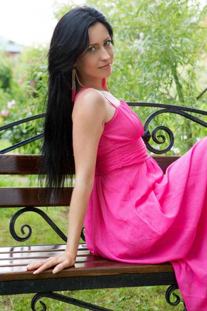 Precious Brunette With Long Hair Janelle B Smoothly Sliding Off Her Pink Dress And Poses Nude On The Bench - #2