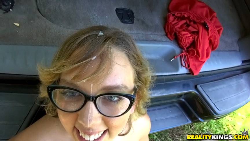 Sexy Chase in sexy glasses work on dick and takes a cum blast on face outdoor - #16