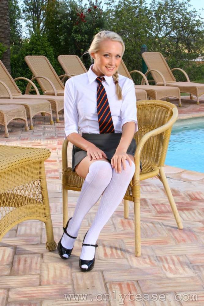 Schoolgirl Lucy Anne In Gray Mini Skirt And White Knee-highs Gets Topless At The Poolside - #3