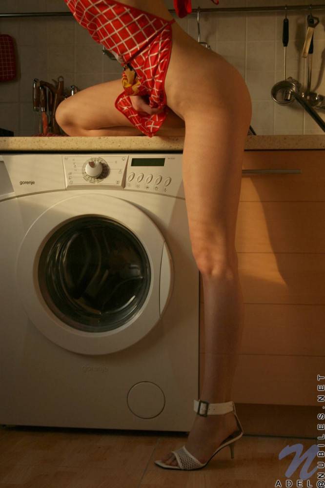 Hottest Nude Adel In A Red Apron Taking Hot Poses As She Teasing On A Laundry Machine - #13