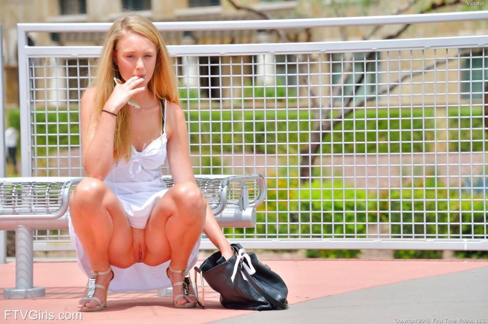 Sylphlike blond teen Victoria exhibiting big boobies and bald pussy outdoor - #5