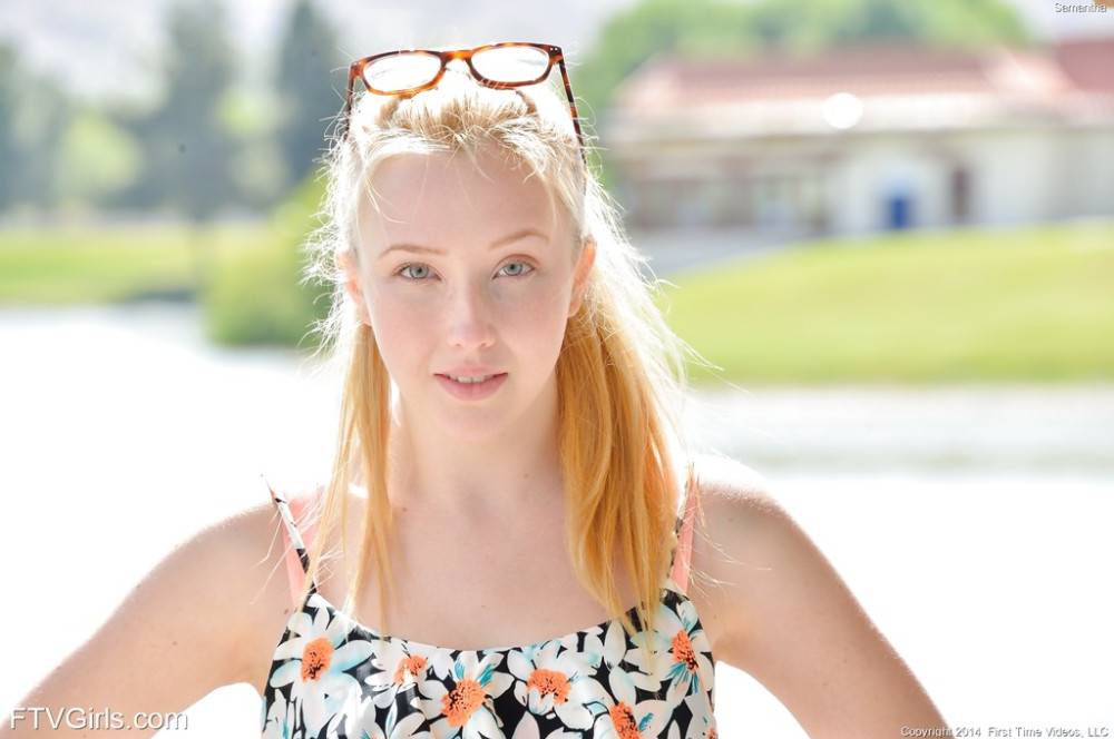 Sexy american blond youthful Samantha Rone exposing small tits and loving dildo outdoor - #4