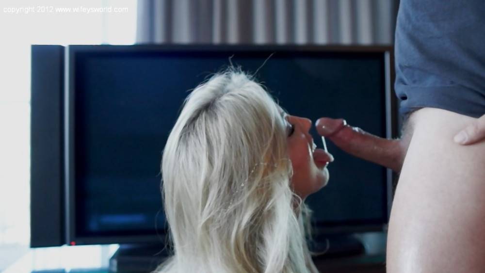 Superb american wife Sandra Otterson jerking cock and takes a cum blast in her mouth - #4