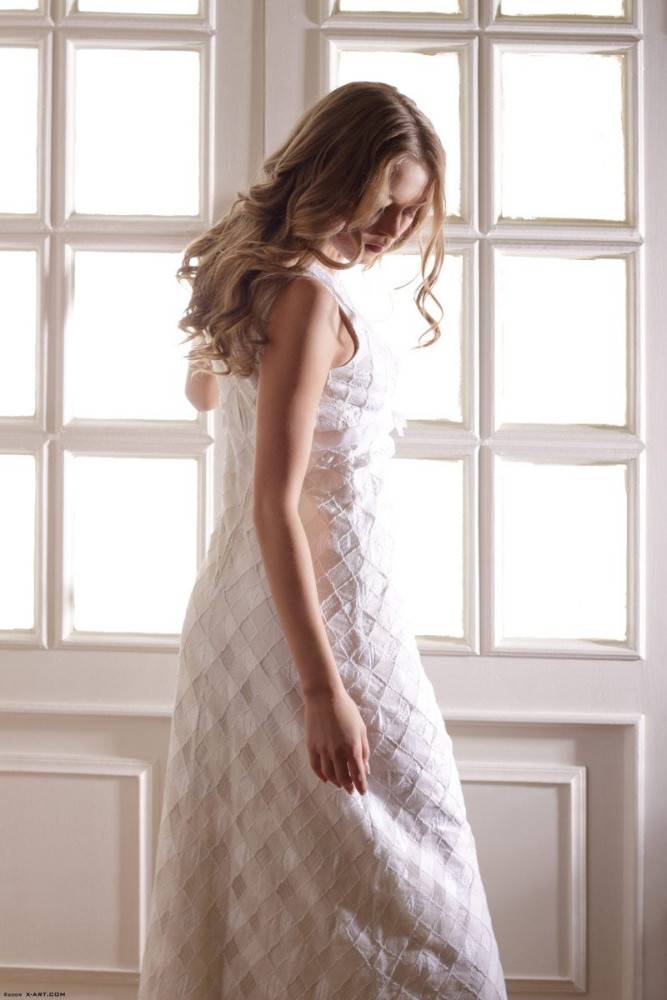 Sweet Blonde Girl Barbamiska With Sexy Perky Tits Pulls Down Her White Dress - #9