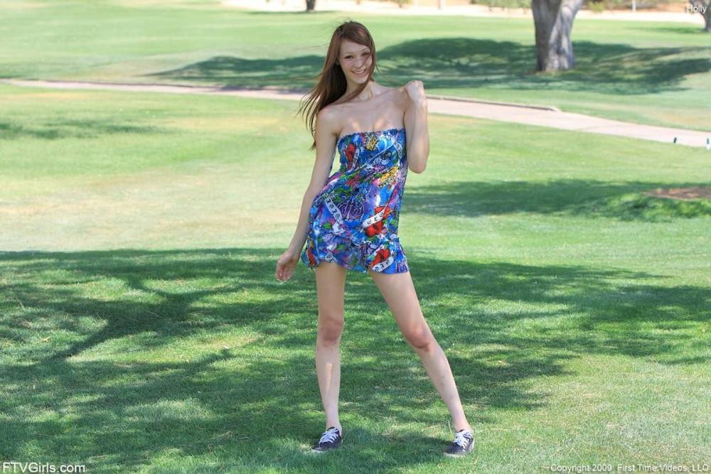 Pale Skinned Girl Holly FTV Lifts Her Blue Dress Up And Spreads Her Pussy In Public Place - #1