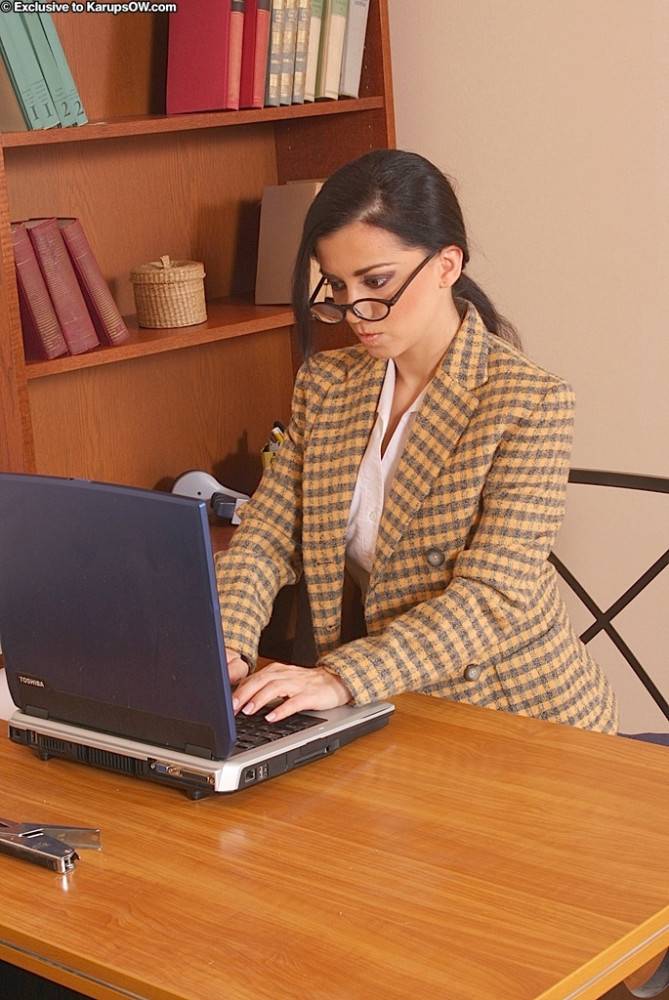 Excellent hungarian milf Alice King in nice skirt exhibits big tits and spreads her legs in office - #1