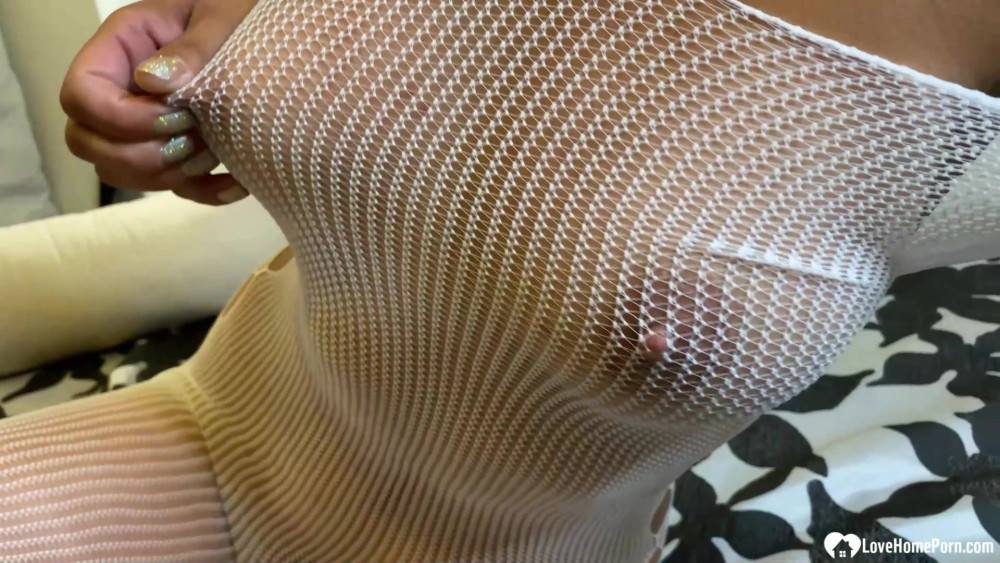 Brunette in a fishnet playing with her slit - #8