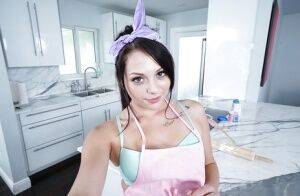 Teen babe with tiny tits Megan Sage touches herself with toys in the kitchen on picsofsex.com