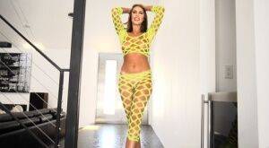 Pornstar August Ames receives an open mouth cumshot after anal sex on picsofsex.com