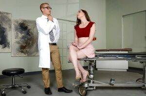 Busty high heel clad pornstar Casey Calvert taking cum in mouth from doctor on picsofsex.com