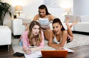 Young girls get busy with a lesbian threesome on a sofa ensemble on picsofsex.com