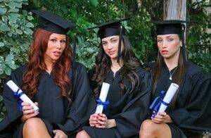 Three hot babes celebrating college graduation with lesbian sex on picsofsex.com