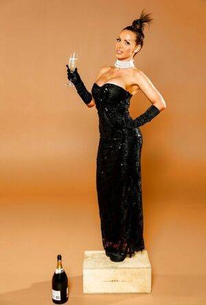 Hot milf Nikki Benz poses in her black dress with a wineglass on picsofsex.com