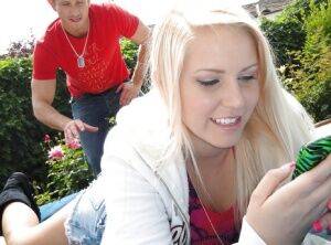 Blonde teenager Vanessa Cage screwing large dick in backyard by swimming pool on picsofsex.com