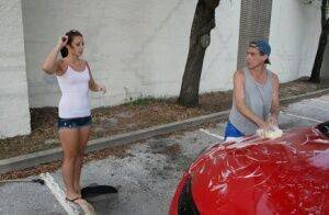 Teen slut Ashley Storm gets her car washed for the price of a handjob on picsofsex.com