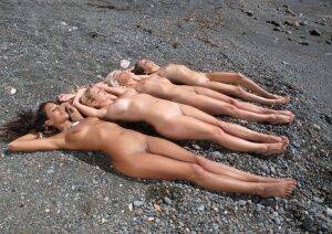 Hot slut Lyla Storm & friends shed bikinis to pose naked on beach on knees on picsofsex.com