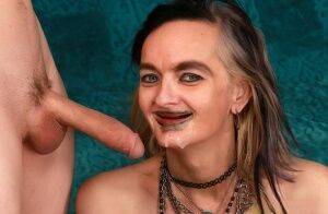 Old Goth woman Lilith Lust wears jizz on chin after a hard fuck on picsofsex.com