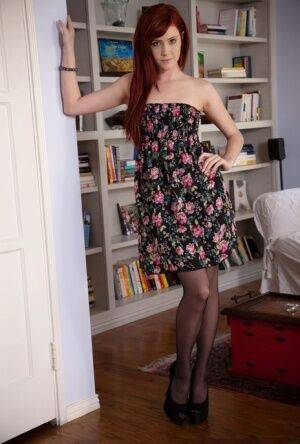 Redhead Elle Alexandra strips to a garter belt and nylons while home alone on picsofsex.com