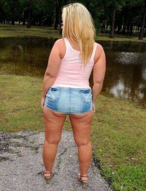 Thick blond Dee Siren flashes in a park before having sex in a vehicle on picsofsex.com