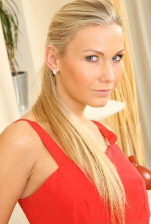 Beautiful blonde Michelle M doffs a red dress to pose nude in opaque hosiery on picsofsex.com