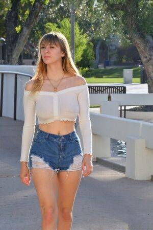 Leggy amateur Angel bares her tits and ass in public before a veggie insertion on picsofsex.com