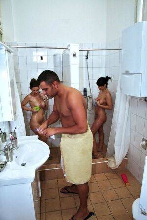 Cum guzzling Euro skanks enjoy a hard riding foursome after showering on picsofsex.com