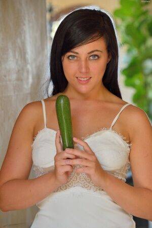 Brunette teen flashes in the park and on the road before a cucumber insertion on picsofsex.com