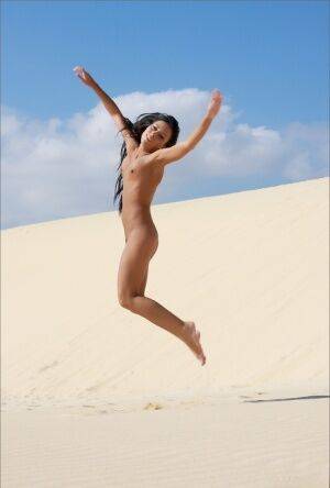 Totally naked brunette models by herself on a sand dune on picsofsex.com