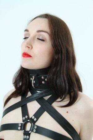 Beautiful girl models leather BDSM attire with her arms restrained behind her on picsofsex.com