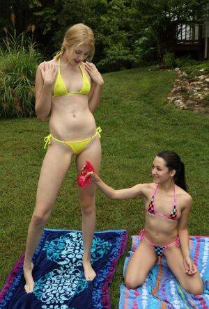 Short and tall lesbians remove bikinis before scissoring and fisting in yard on picsofsex.com