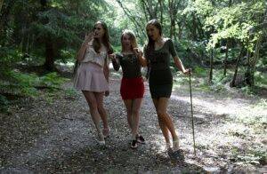 3 young girls walking in the woods find a restrained man and suck his cock on picsofsex.com