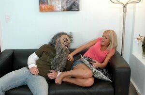 Pretty blonde Bree Olson gets banged on a sofa after being frightened on picsofsex.com