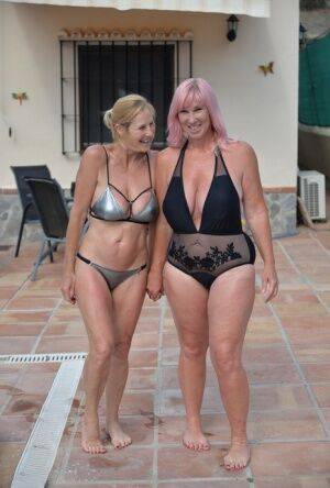 Mature BBW Melody and her girlfriend walk hand in hand by a pool in swimwear on picsofsex.com