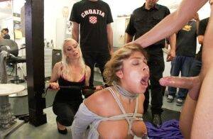 Horny slut dragged into a crowded salon filled with hot models Whore gets on picsofsex.com