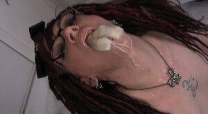 Brunette slut sucking cotton dipped in bowl of pissed on picsofsex.com